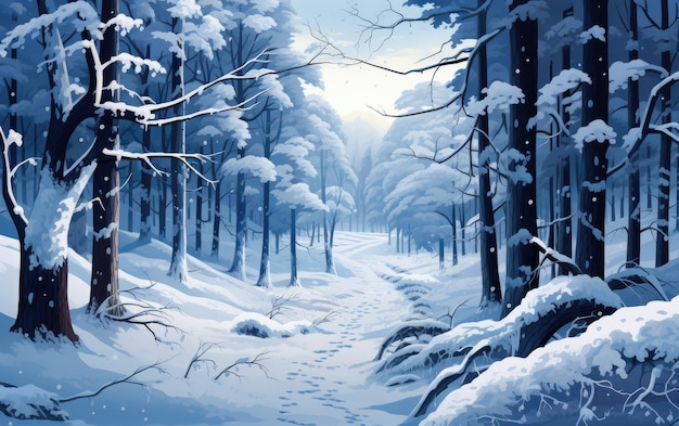 Snowy path through winter forest