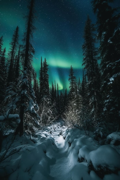 A snowy path with the northern lights on it