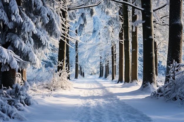 a snowy path in the woods with trees high quality