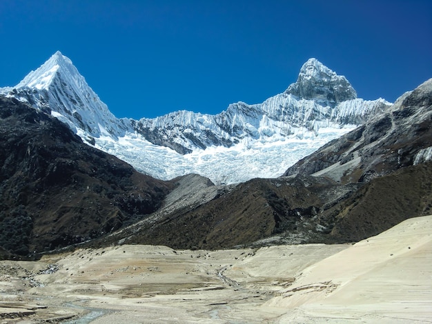 snowy peaks in the mountain range sierra of Peru