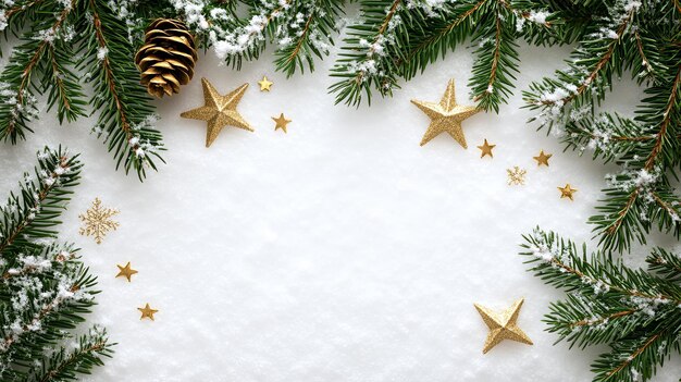 Snowy Pine Branches with Golden Stars and Pine Cone