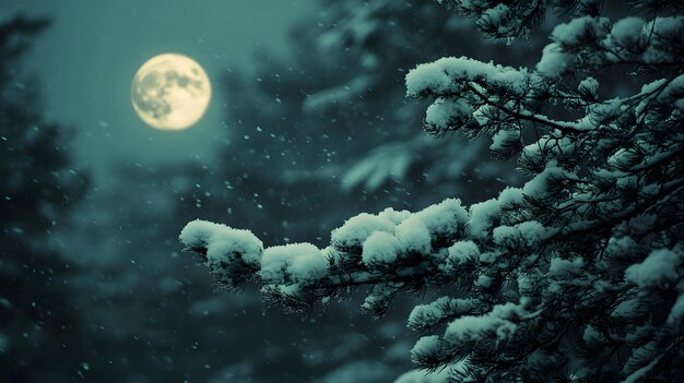 Photo snowy pine tree branches under a full moon