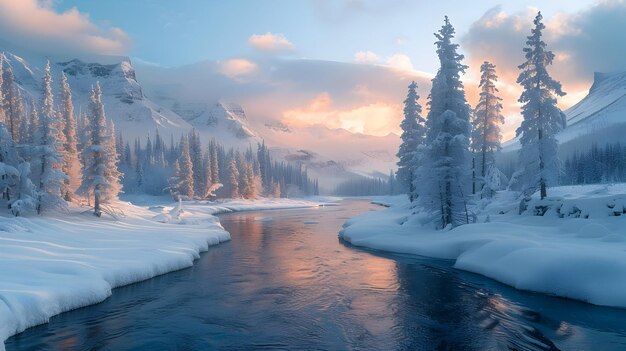 Photo snowy river landscape with pine trees at sunset realistic image