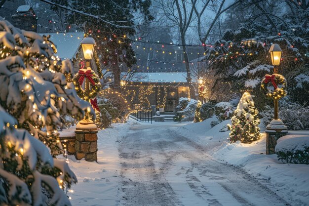 Photo a snowy road decorated with christmas lights and wreaths creating a festive and cheerful holiday atm