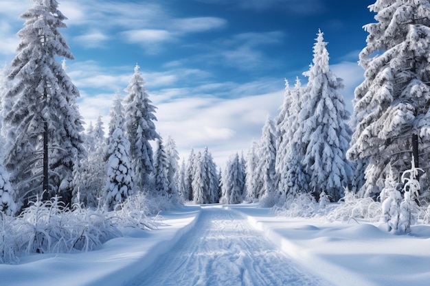 a snowy road lined with trees and snow high quality