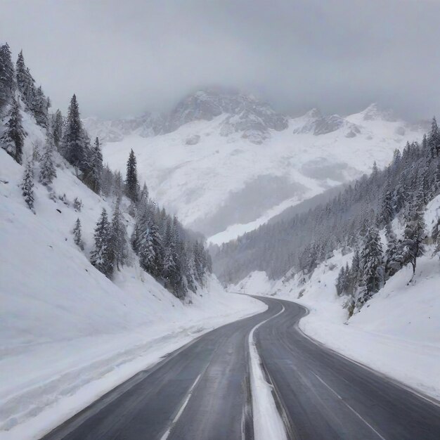 A snowy road in the mountains