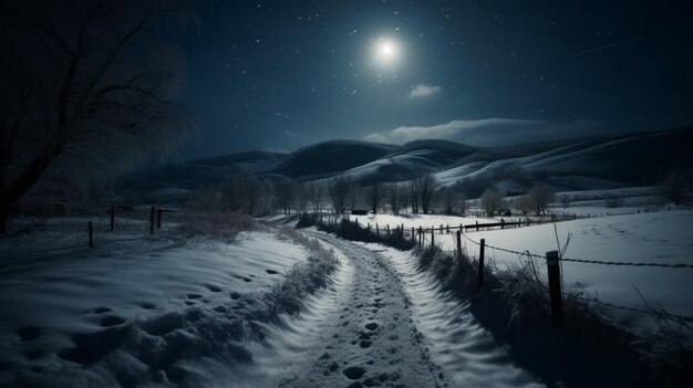 Snowy road in the night with the moon