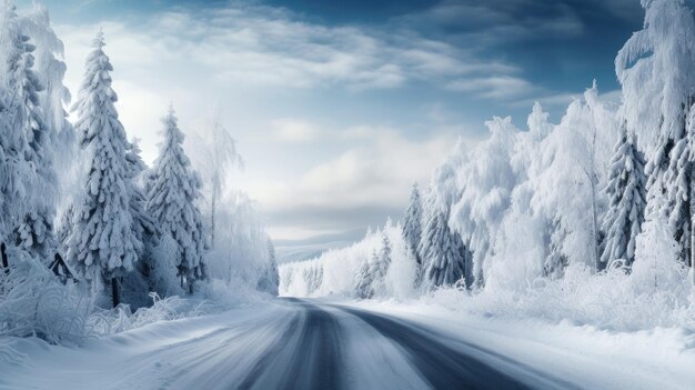 a snowy road surrounded by snow covered trees