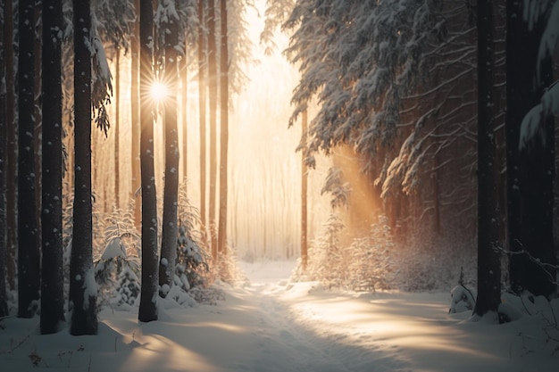 Snowy road in winter forest with sun rays Generative AI