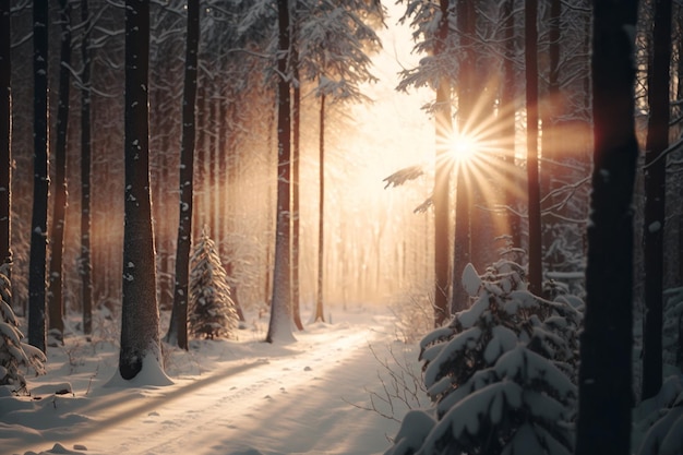 Snowy road in winter forest with sun rays Generative AI