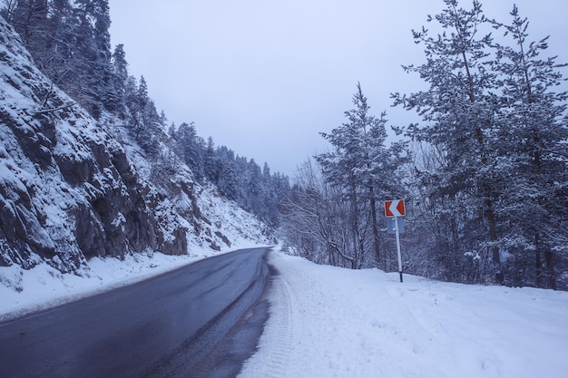 Snowy road in winter landscape