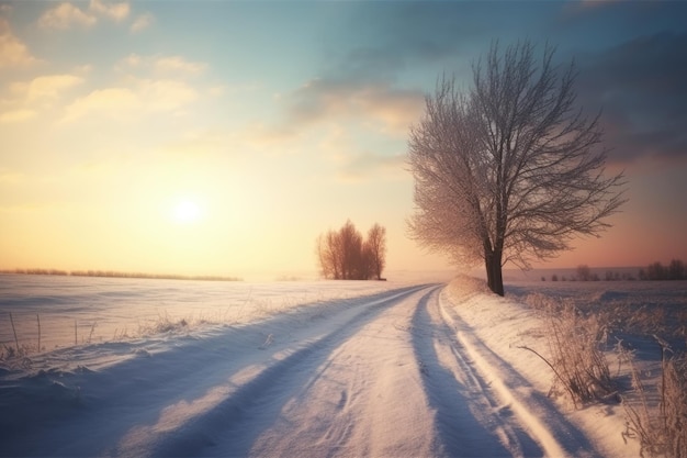 A snowy road in the winter with a snowy field and a tree on the right side.