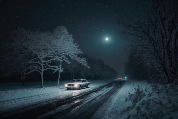 A snowy road with a car and a moon in the background