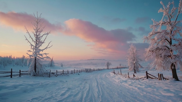 a snowy road with a fence and trees in the background