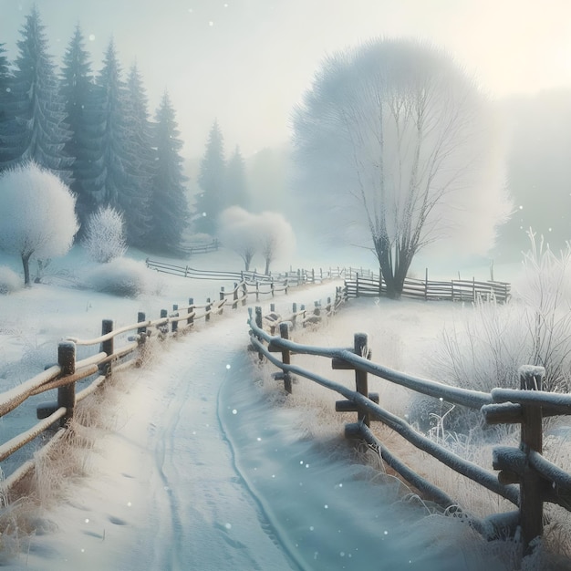 Snowy road with a fence and a truck on it beautifully