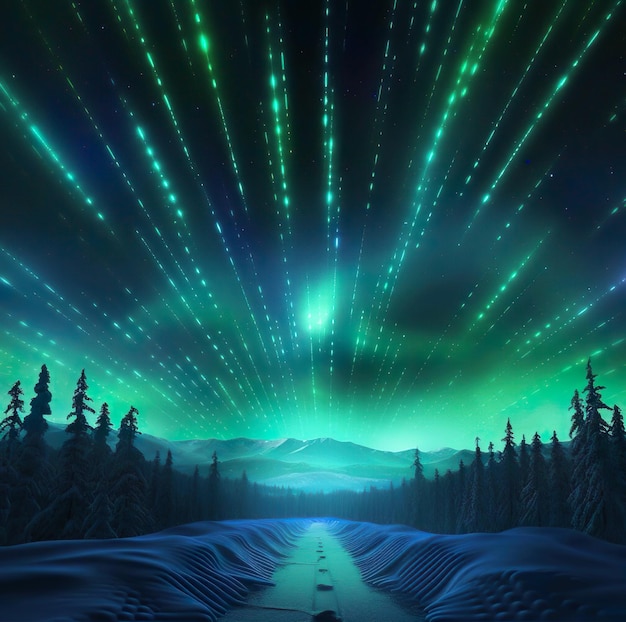 A snowy road with Green meteor shower view