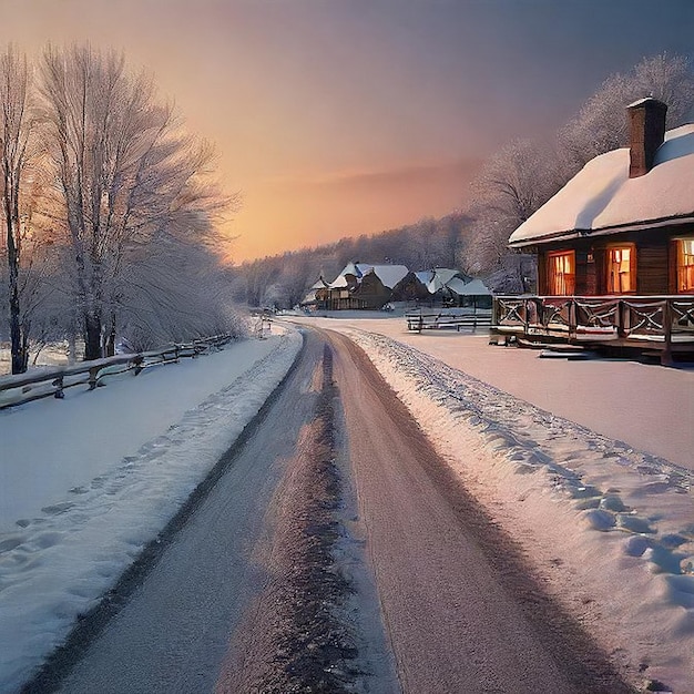 a snowy road with a house and a snow covered roof