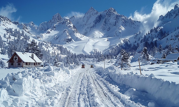 a snowy road with a mountain in the background