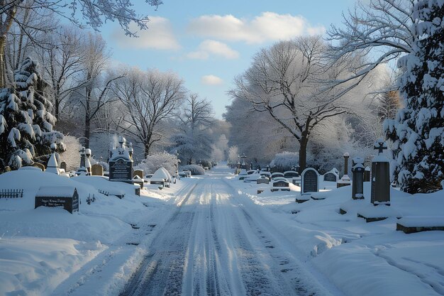 Photo a snowy road with a snow covered cemetery and a snow covered road