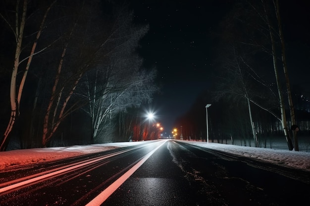 A snowy road with a street light and a street light on the right side