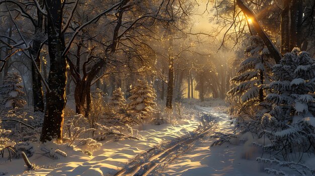 a snowy road with the sun shining through the trees