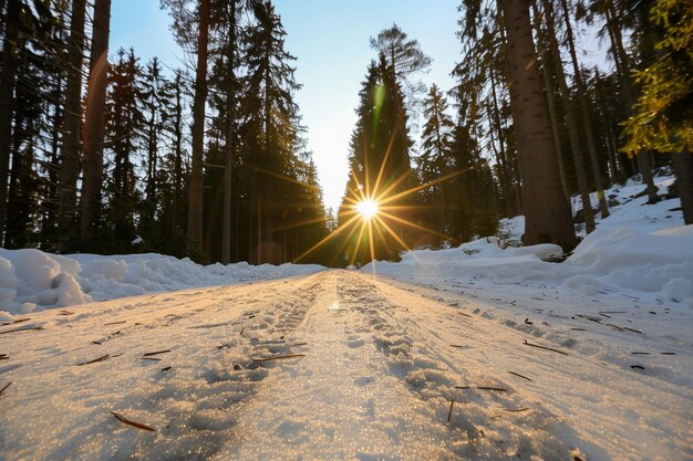 a snowy road with a sun shining through the trees