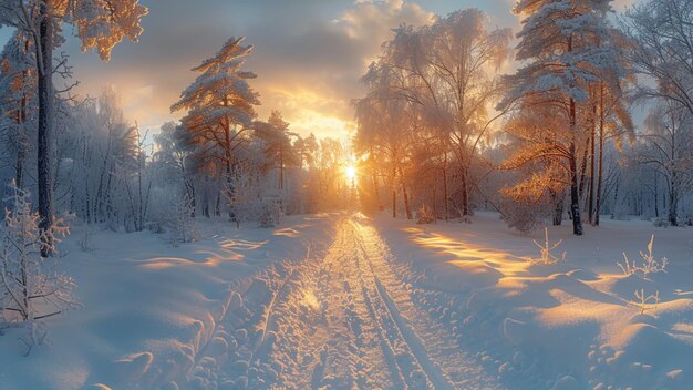 Photo a snowy road with the sun shining through the trees