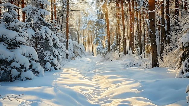 a snowy road with a trail of snow covered trees and a sun rays