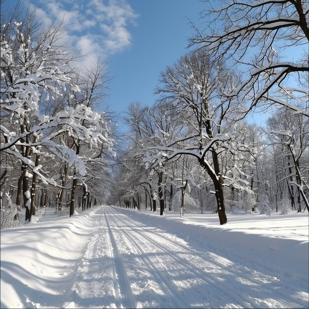 a snowy road with a tree on it and a blue sky in the background