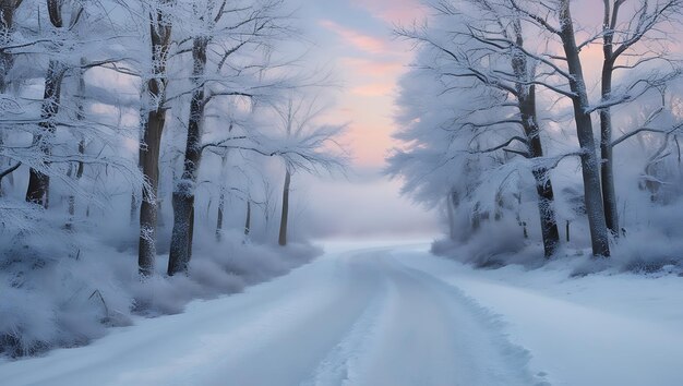 Photo a snowy road with trees in the background