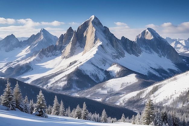 Snowy rocky mountain range during cold winter season