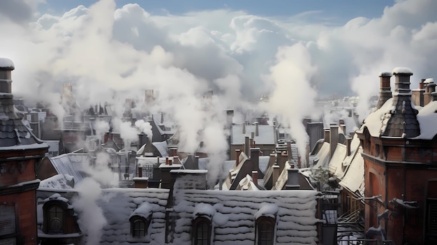 Snowy rooftops with smoke rising from chimneys