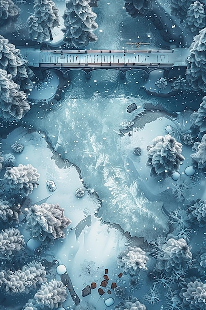 Photo snowy scene of a bridge over a frozen river in a forest