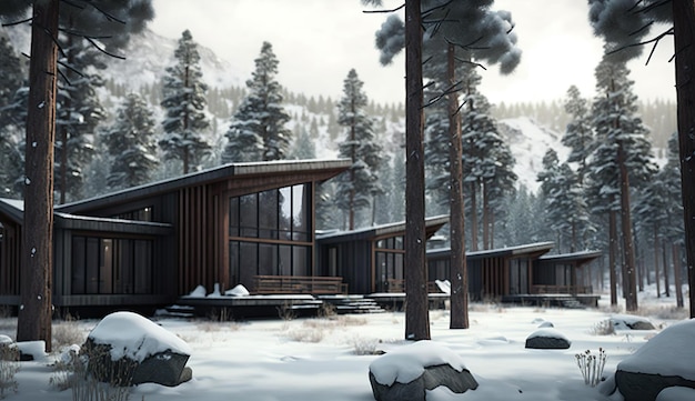 A snowy scene of a cabin in the woods with snow on the ground