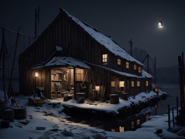 A snowy scene of a house with a light on the roof