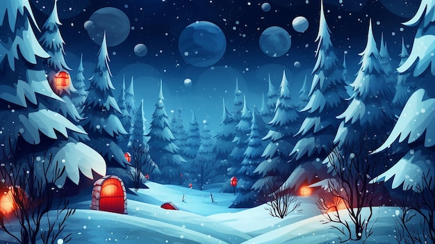 A snowy scene and a snow covered forest and the words christmas on the bottom