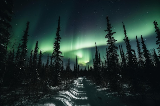 A snowy scene with the aurora borealis above it.