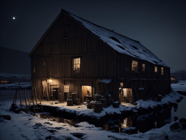 A snowy scene with a barn and a light on the roof