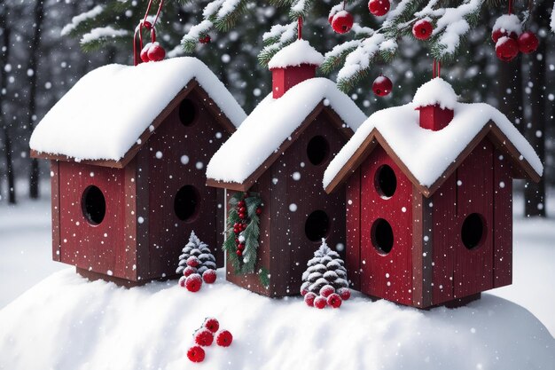 A snowy scene with a birdhouse and red balls.