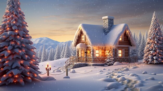 snowy scene with a cabin and christmas tree in the foreground generative ai