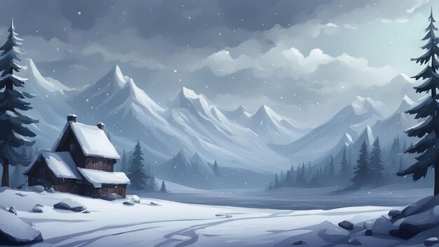 a snowy scene with a cabin and mountains in the background