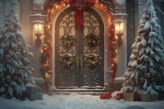 A snowy scene with a door and christmas tree in the foreground.