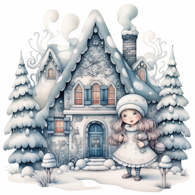 snowy scene with a girl and a house with a chimney generative ai