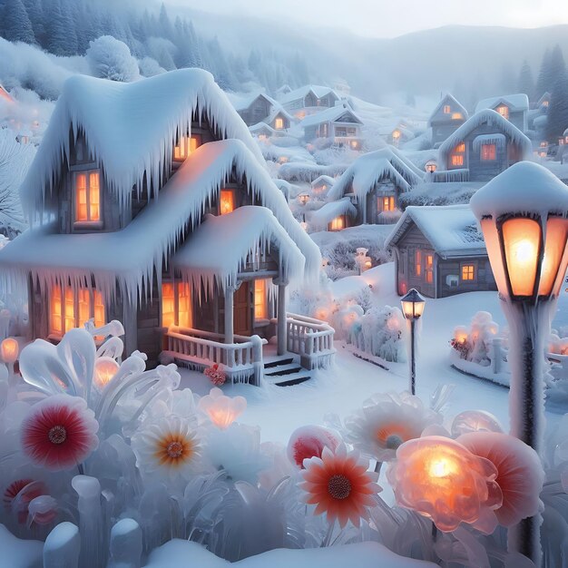 a snowy scene with a house and flowers in the foreground