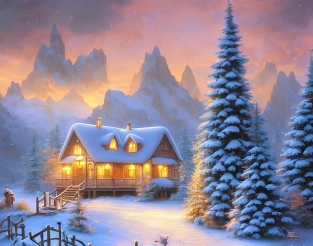 A snowy scene with a house in the foreground and a snowy mountain in the background.