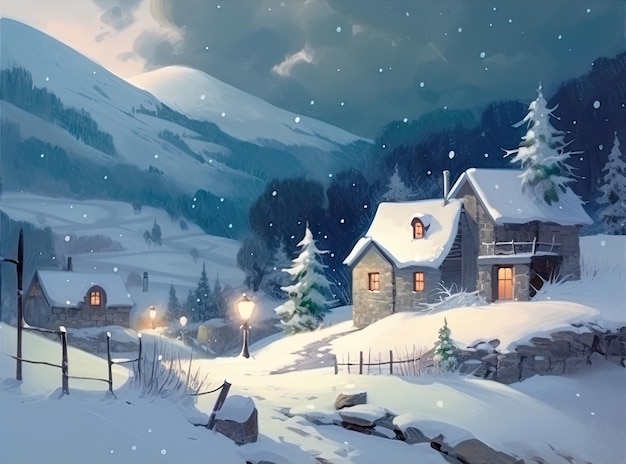 A snowy scene with a house in the snow Generative AI