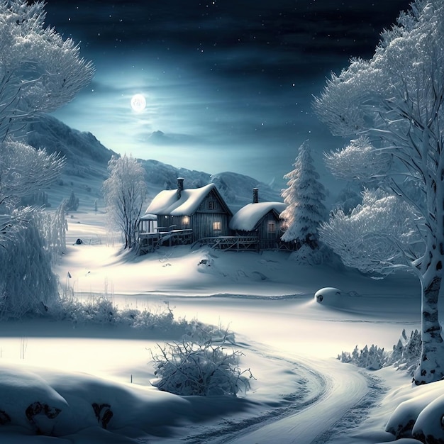 A snowy scene with a house in the snow