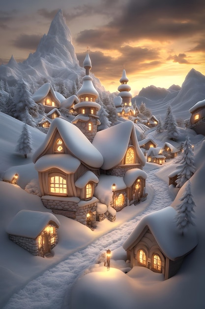 a snowy scene with a house and a snowy house with a glowing light