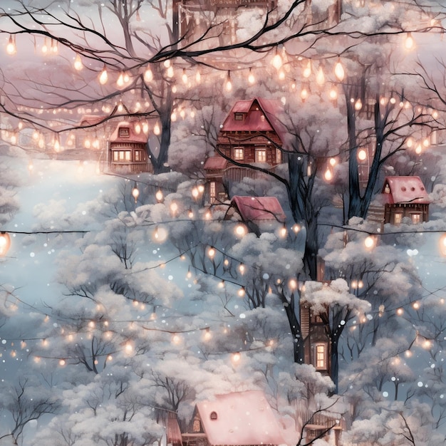 snowy scene with a house and a tree with lights generative ai