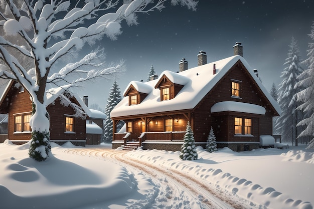 A snowy scene with a house and the words christmas in the snow.